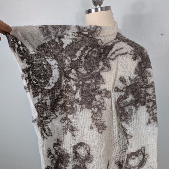 Wool Blend Cardigan Sweater Top OS Brown White Artsy Gauze Lagenlook Avant Garde - Picture 8 of 11